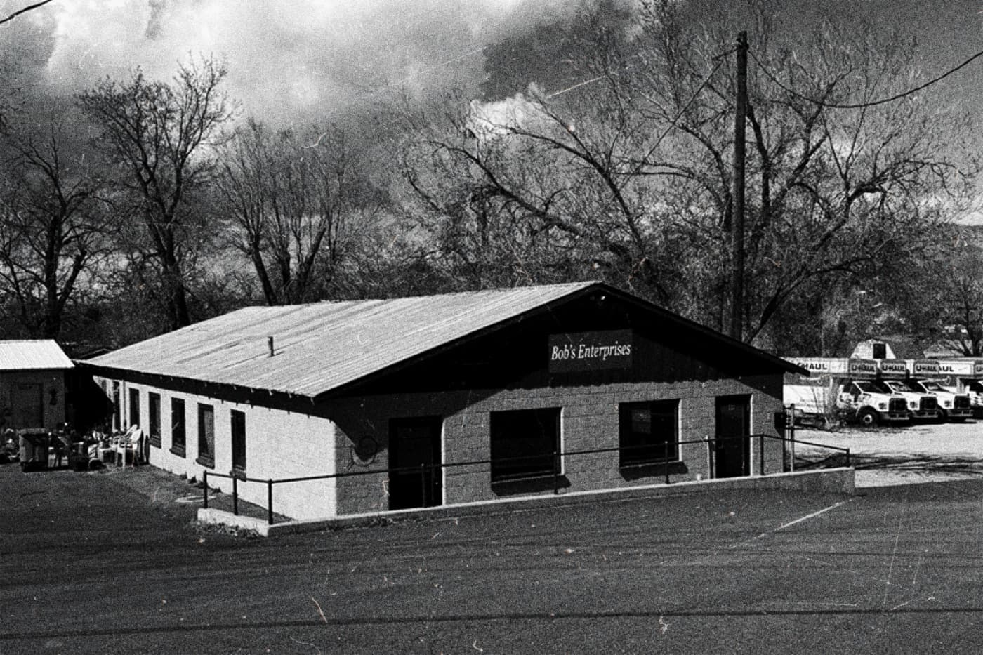 Historic black and white photograph of the original Bob's Enterprises building in Hurricane, Utah