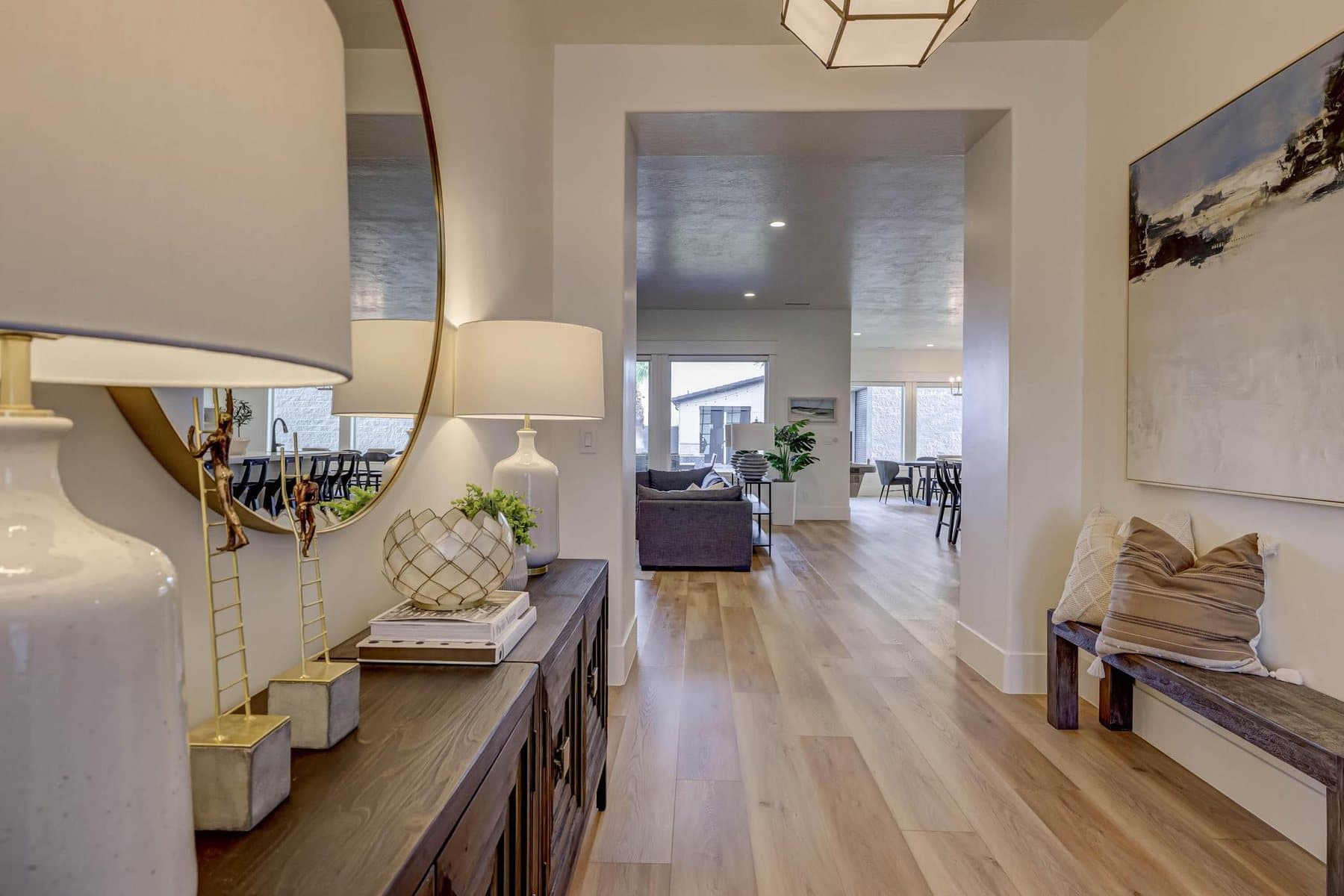 The great room, on a gas fireplace and open to the kitchen