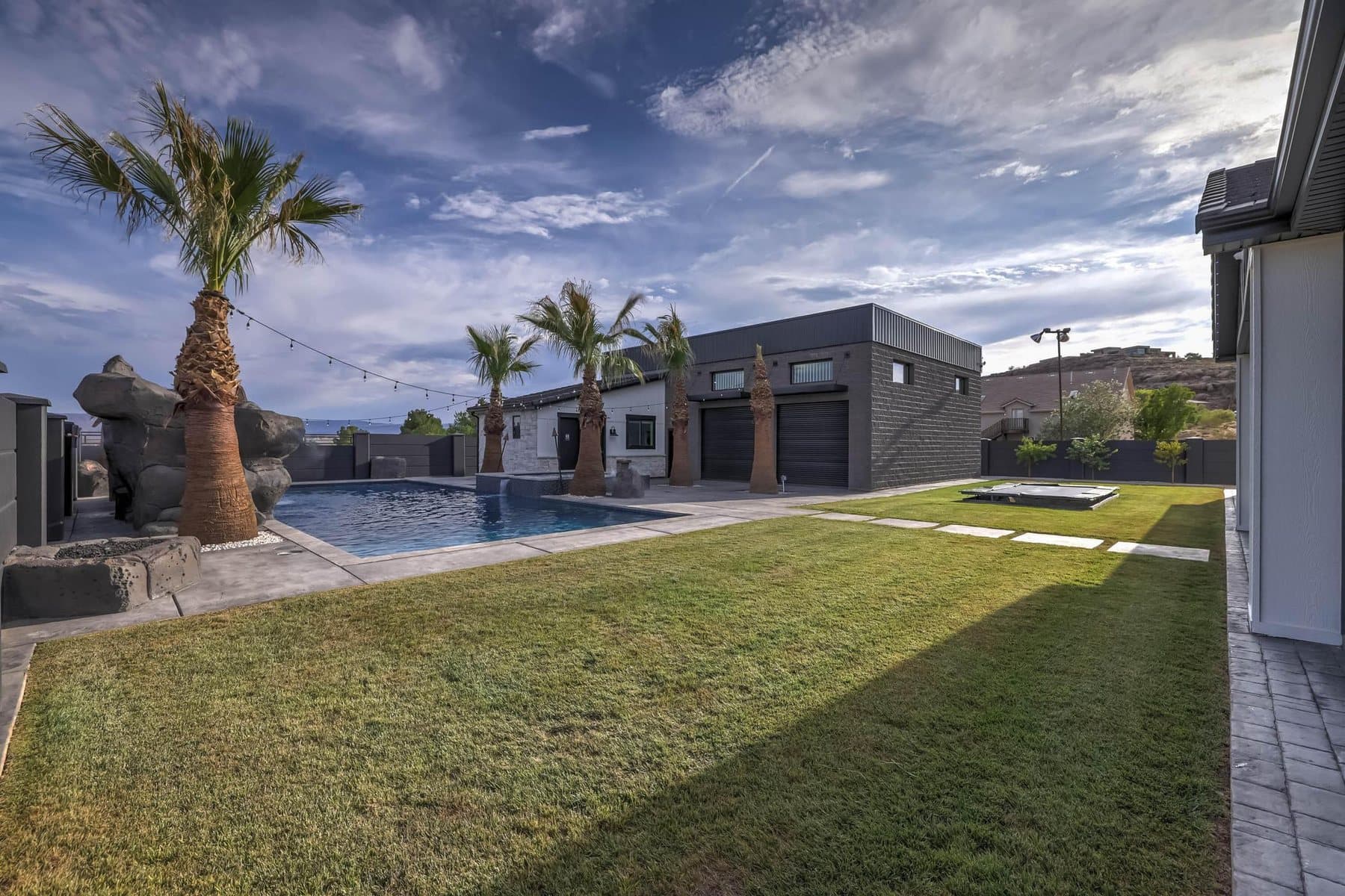 The rear elevation across the lawn