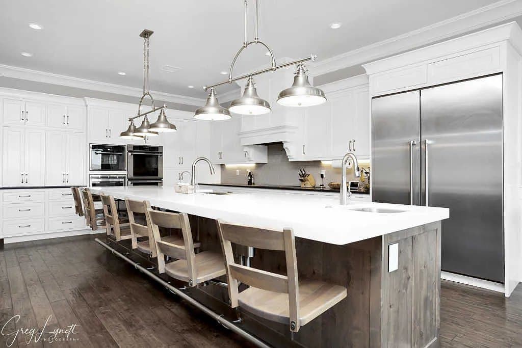 The kitchen island, pendants above