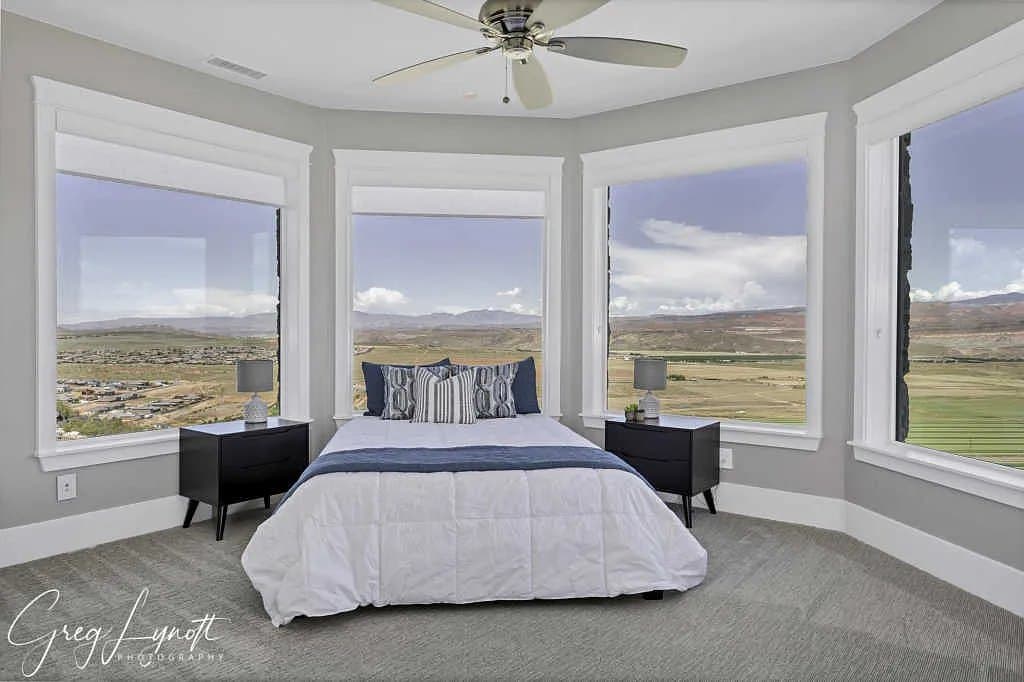 A bedroom in the bay, looking out across the fields