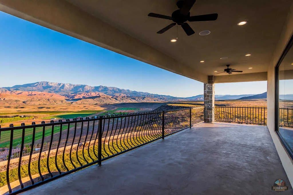 The covered patio, the Pine Valley Mountains beyond