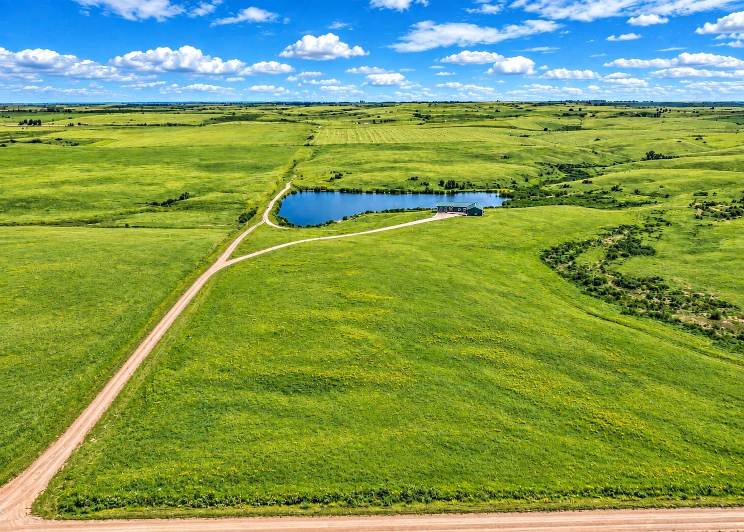 Illustration: the property and its pond seen from high above, a section road running out across the prairie