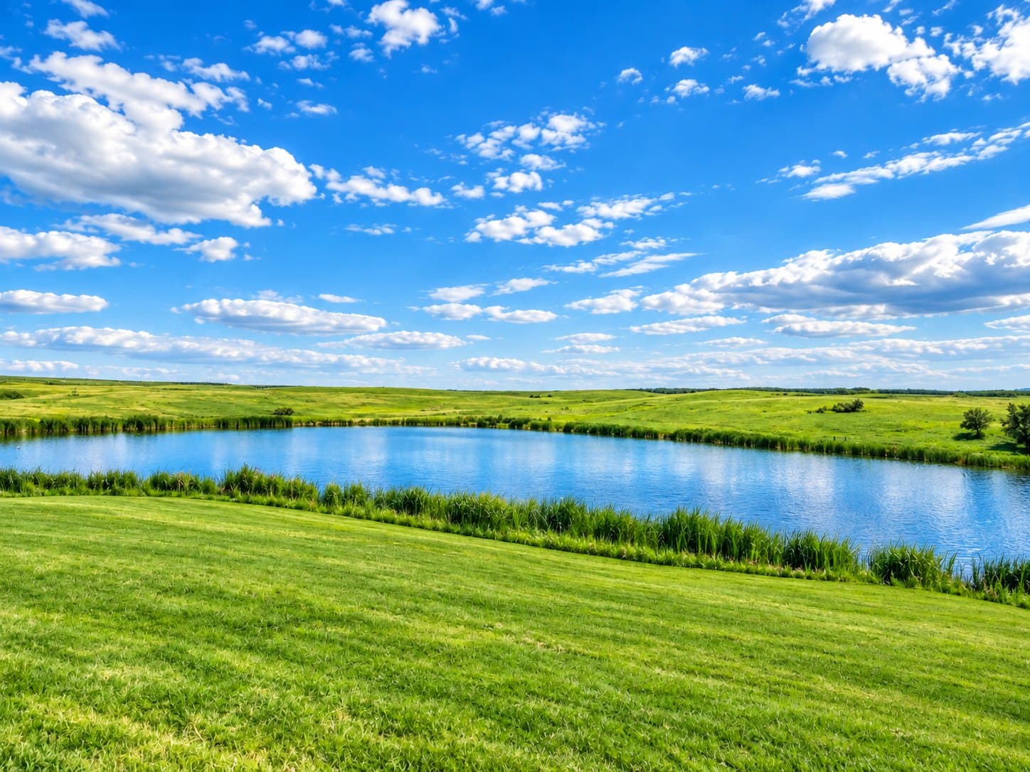 Illustration: the pond in open grassland under a wide prairie sky