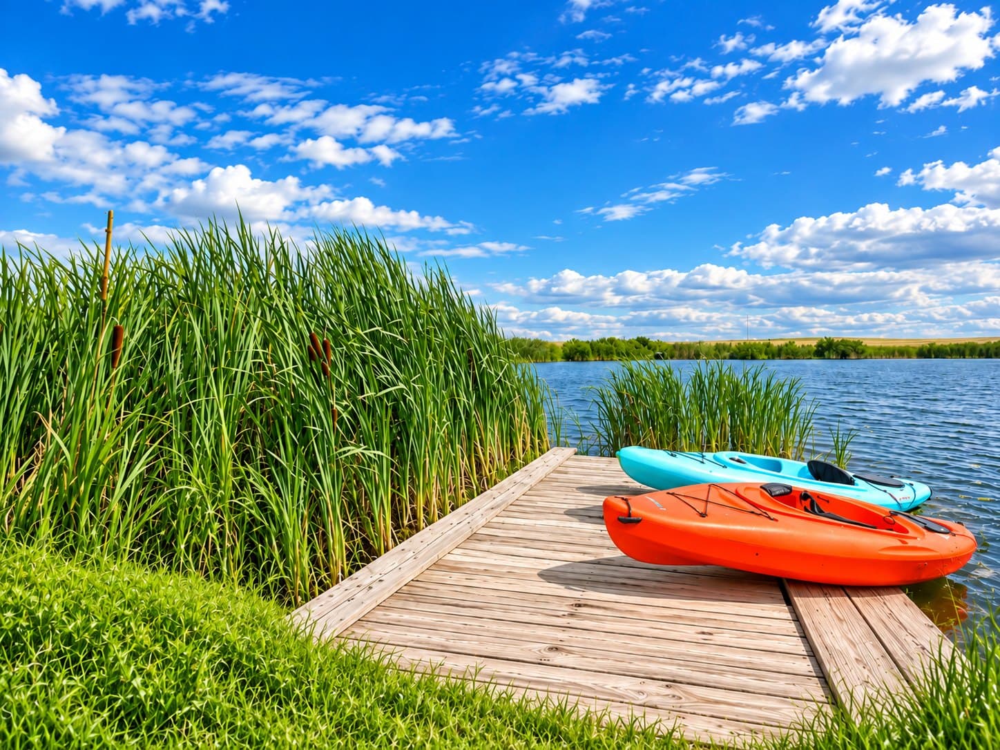 Illustration: kayaks on a timber dock among the cattails at the water's edge